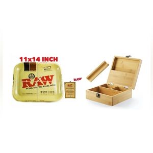 RAW large rolling metal tray 11”x14”(original)+bamboo large stash handmade box
